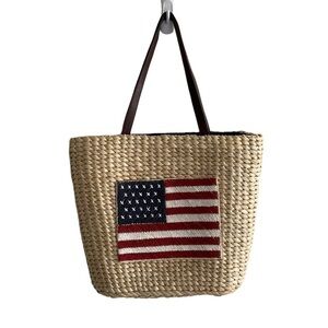 STRAW Woven Tote Bag Purse American USA Flag
Leather Handles